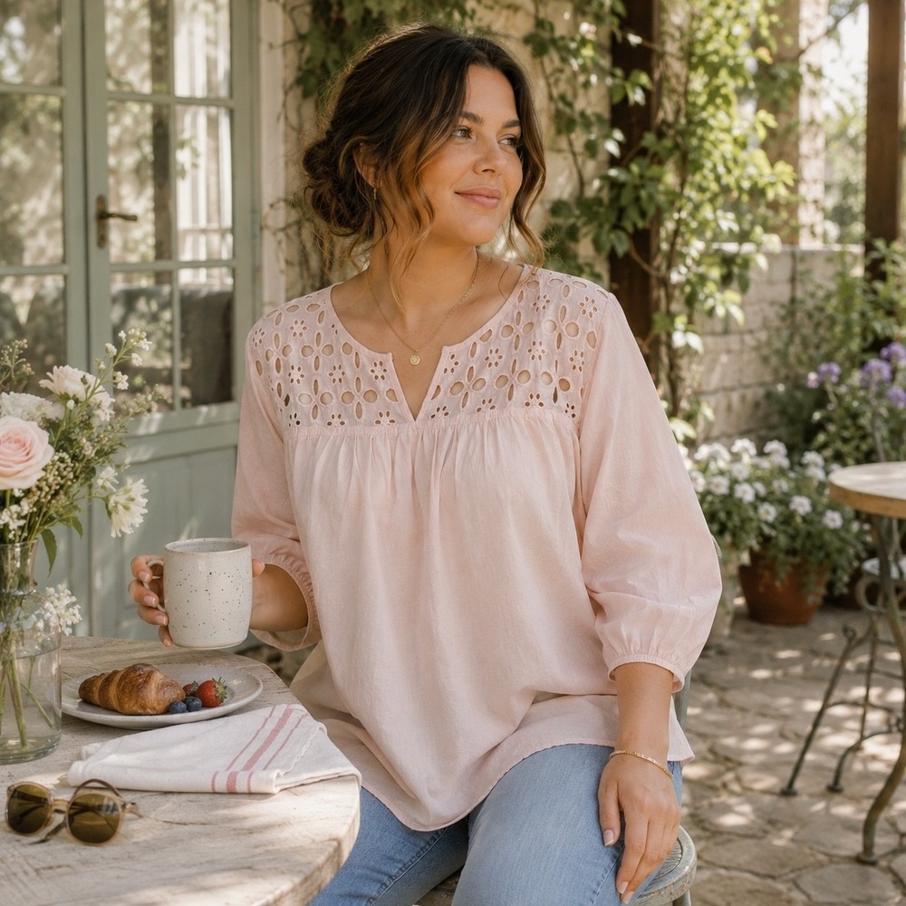 Grand & Greene Eyelet Yoke Blouse Women's Medium Pale Pink Cotton 3/4 Sleeve NWT